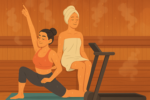 A digital illustration of women in a warm, steamy sauna